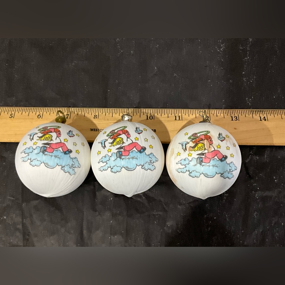 Vintage Lot of 3 White Satin Christmas Ornaments with Angel on Cloud
